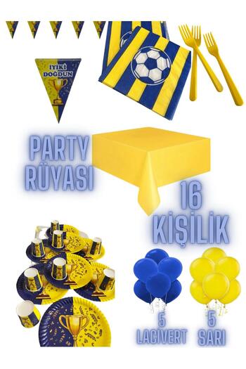 partyrüyası Yellow Navy Blue Mug Themed Birthday Set for 16 People