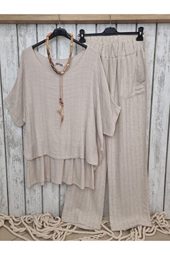 pudubutik Elastic Waist Linen Textured Trousers Beige