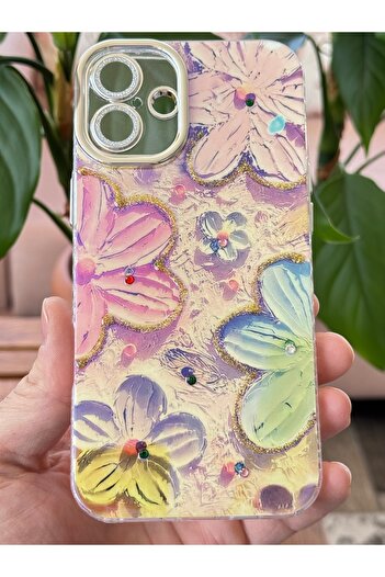 Fibaks İphone 16 Kılıf Renk Değiştiren Taşlı Kamera Lens Korumalı Pembe Çiçek Desenli Darbe Emici Kapak