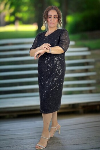 yagmurberen V Neck Pul Sequence Truvakar Sleeve Lined Plus Size Evening Dress