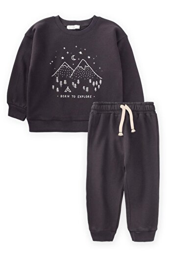 Cigit 1-7 Years Black Sweatshirt Set - Born to Explore Printed