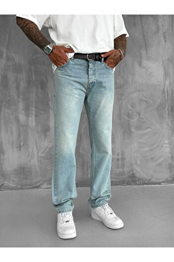 ablukaonline Erkek Baggy Fit Eskitilmiş Jean Pantolon Buz Mavi