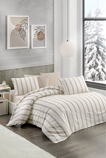 CANDAN ÇEYİZ Natural Brown Duvet Cover Set with Double Sheets and Elastic