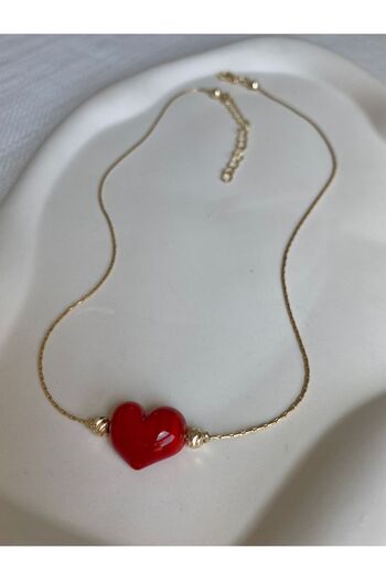 DEMOKAN Red Heart Patterned Women's Necklace