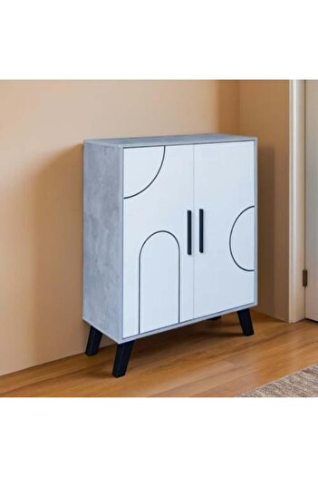 Generic 4-Tier Malaysian Wooden Shoe Cabinet with Double Doors - Gray and White