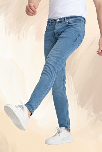 OneZero Erkek Skinny Fit Orta Mavi Destroy Skinny Fit Pantolon