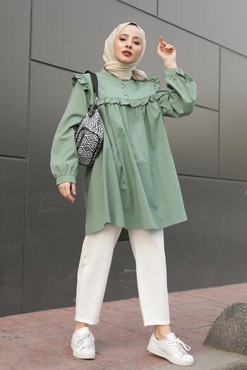lamelif Κανονικός γιακάς με πλισέ μπροστά Tunik Çağla Green