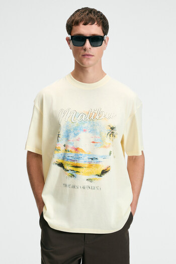 GRIMELANGE DELIGHT Erkek %100 Pamuk Oversize Fit Baskılı Kısa Kollu Yuvarlak Yakalı Sarı T-Shirt