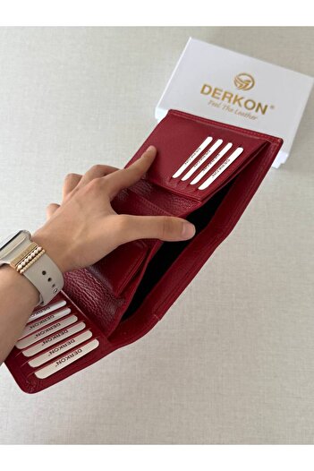DERKON Orta Boy Hakiki Deri Kadın Cüzdanı Kırmızı Renk
