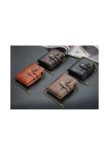 Generic Classic Bifold Wallet with Double Zip and Chain - Dark Brown