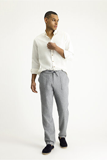 Abdullah Kiğılı Linen Classic Trousers - Elastic Waist and String Design