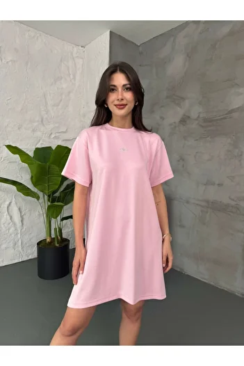 Elif Özbey Butik Pink Short Sleeve Print Detail Modal Dress