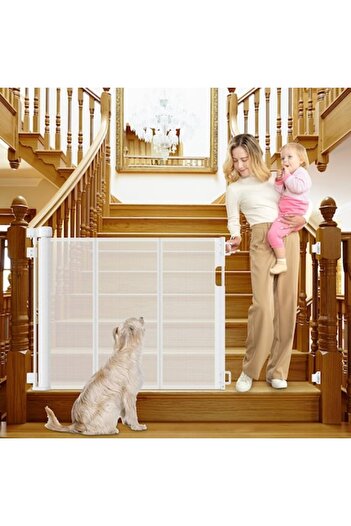 indiggo FlexiBlock retractable safety gate 140 cm, double lock, durable mesh, interior/exterior