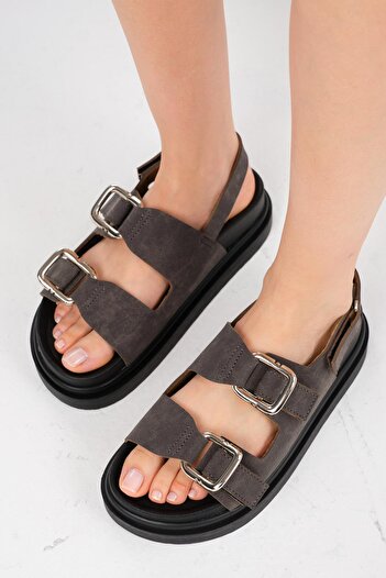Mio Gusto Misha Anthracite Double Buckle Women's Sandals