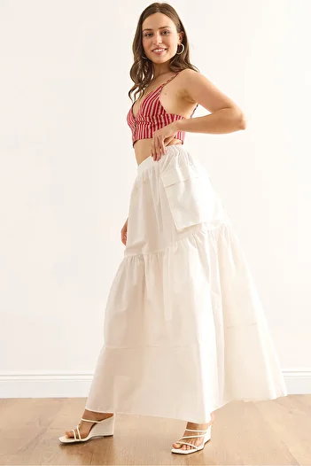 Olalook Women's White Elastic Waist Pocket Maxi Parachute Skirt Etk-19000333