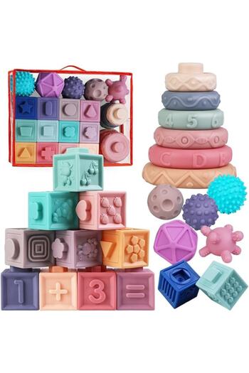 indiggo Set Cuburi Senzoriale pentru Bebelusi, din Cauciuc Moale, Contine 24 Piese, Diferite Forme, Pentru S