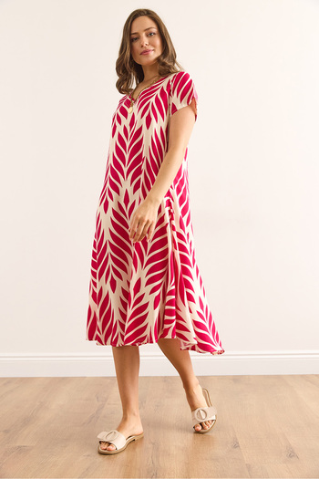 Olalook Women's Leaf Fuchsia V Neck Patterned Woven Viscose Midi Bell Dress Elb-19002443