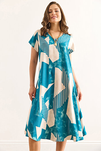 Olalook Women's Geometric Blue V Neck Patterned Woven Viscose Midi Bell Dress Elb-19002443