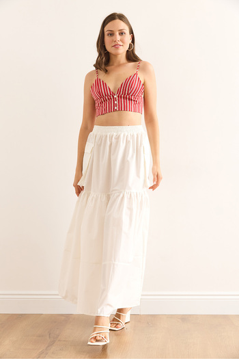 Olalook Women's White Elastic Waist Pocket Maxi Parachute Skirt Etk-19000333
