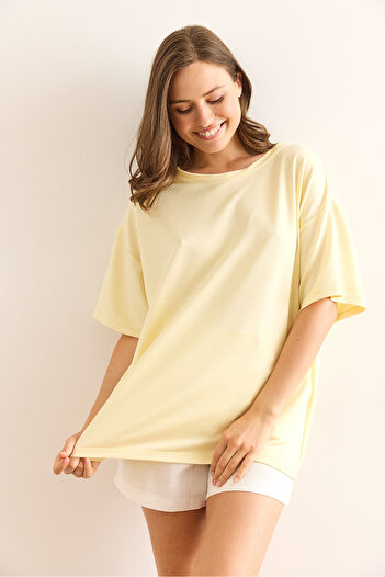 Olalook Women's Yellow Crew Neck Oversize Soft Textured T-Shirt Tsh-19000865
