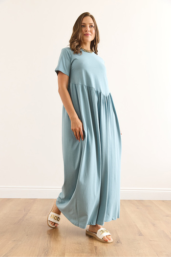 Olalook Women Mint Green Front Asymmetrical Stitching Long Bell Cotton Dress Elb-19002446
