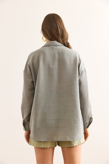 Olalook Women's Green Stripe Stone Detailed Oversize Aerobin Shirt Gml-19001359
