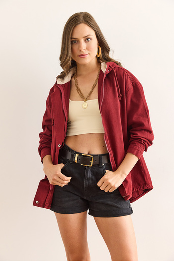 Olalook Women's Burgundy Stone Pocket Zippered Snap Detailed Gabardine Jacket Ckt-19000419