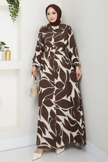 InStyle Leaf Polka Dot Pattern Brown Viscose Dress