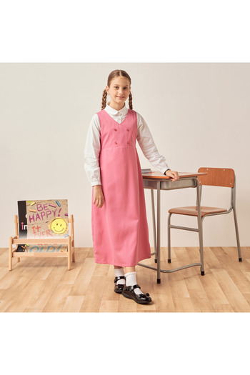 Juniors Solid Pinafore with V-neck and Button Detail