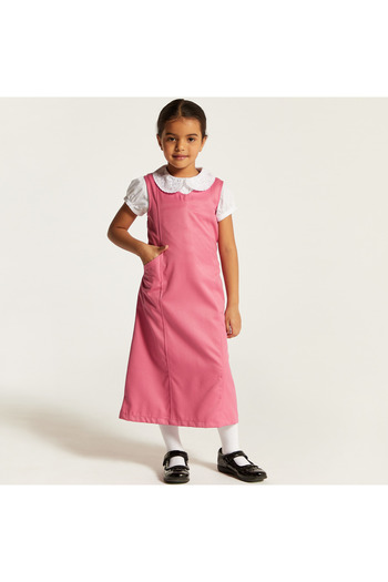 Juniors Solid Pinafore with Tie-Up Detail and Pocket