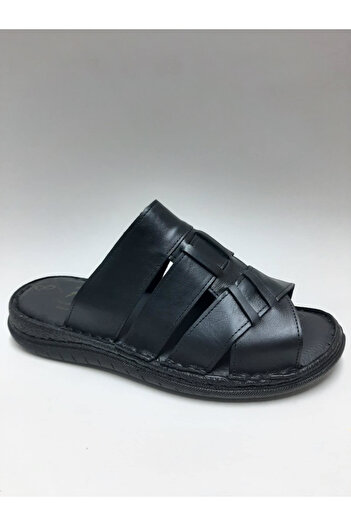PEKER Genuine Leather Black Daily Open Toe Comfortable Sole Men's Slippers