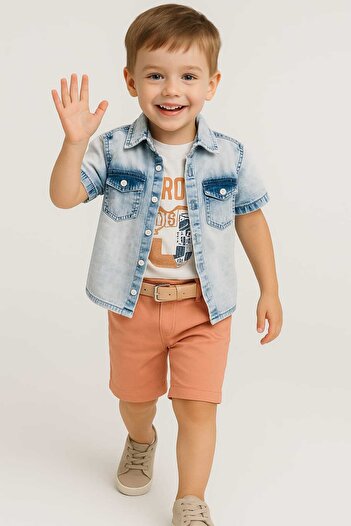 GAMZEAKKUŞ Jeans Shirt, Short Sleeve T-Shirt, Shorts and Belt 4-Piece Boys Set