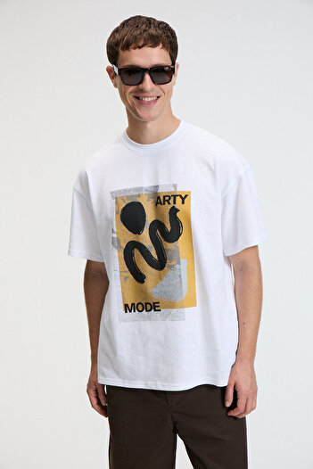 GRIMELANGE Vibe Men's 100% Cotton Oversized Fit Printed Short Sleeve Round Neck White T-Shirt