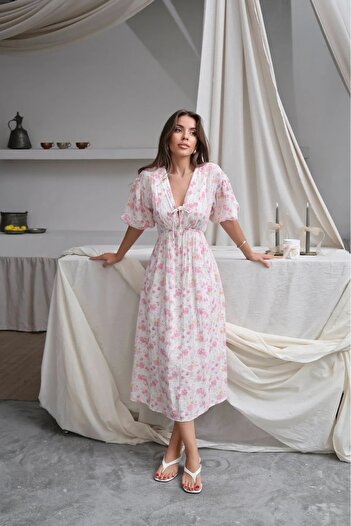 Lusin Women's Pink Floral Patterned Lined Summer Muslin Dress
