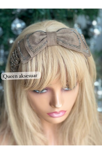 QUEEN AKSESUAR Luxury Design Crystal Stone Processing Motif Bow Denim Fabric Gathered Crown Female Child Crown Brown