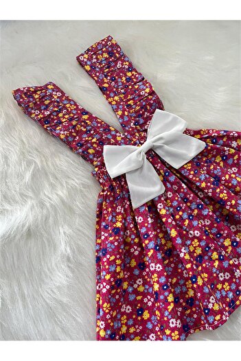 Eylülce Butik Rochie de fetiță, burgundă, cu fundă florală, cu bretele cu volan (PRODUSĂ 100% ȚESUT DE BUMBAC.)