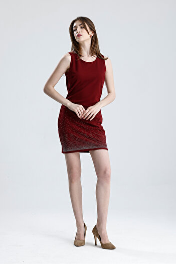 Sense Half Lined Back Zipper Rhinestone Sleeveless Scuba Crepe Evening Dress |   Elb35793 Burgundy