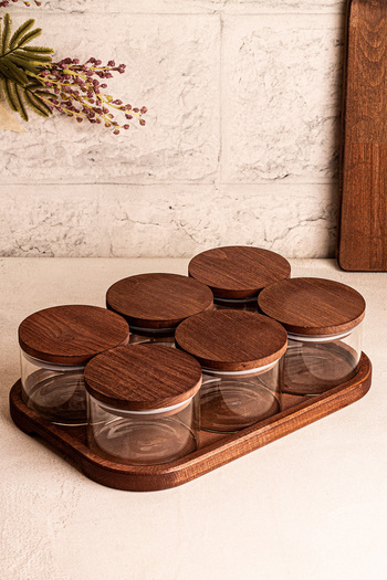Snippy Doria 6-Piece Wooden Vacuum Lid Rectangular Tray Glass Breakfast Snack Bowl 300 ml
