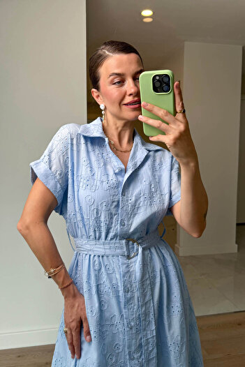 Sue Store Bebe Mavisi Astarlı Kemerli Fisto Gömlek Elbise