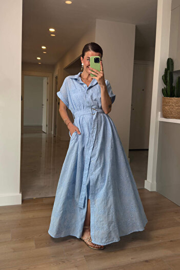 Sue Store Bebe Mavisi Astarlı Kemerli Fisto Gömlek Elbise