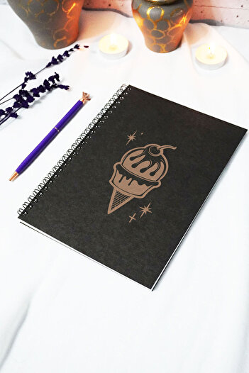 markcat A5 Ice Cream Themed Black Kraft Cover Notebook - Unlined Notebook - 60 Sheets (120 Pages) 15X21 cm