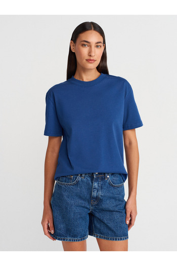 Dilvin 30312 Tricou cu gât de bicicletă cu cusături decorative-Indigo