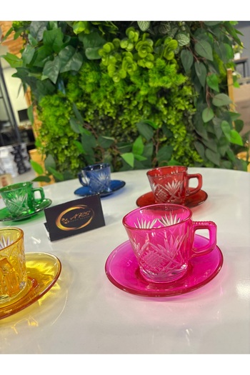 ARS HOME DEKOR Cutting Multi-Colored Special Design Coffee Cup Set for 6 People, Glass Cutting Model Multi-Colored Cup Set