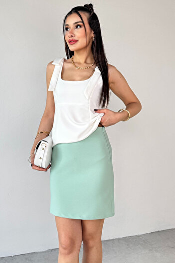 Cappmoda Etk-02337 Mint Green Side Zipper Lined Basic Mini Skirt