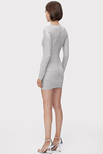 Herve Leger MINI DISCO KNIT CREWNECK DRESS - HERVE LEGER - SILVER, M