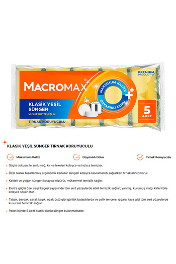 MACRO MAX Klasik Yeşil Sünger - Tırnak Koruyuculu 5'li Paket