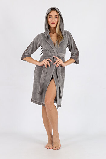 Nuşa Stripe Lace Niki Velvet Bamboo Cotton Dressing Gown