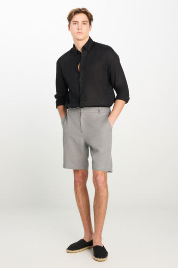 Lee 100% Linen Regular Fit Regular Cut Dark Gray Shorts with Elastic Waist Detail