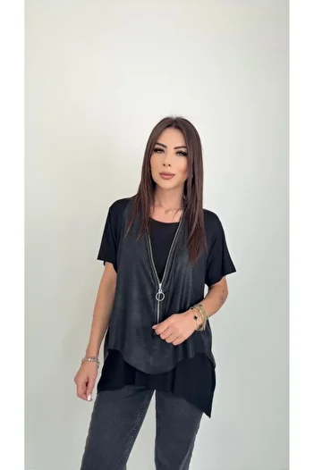EyesOf Women's Short Sleeve Round Neck Viscose Blouse + Sleeveless Zipper-Up Crack Leather Vest