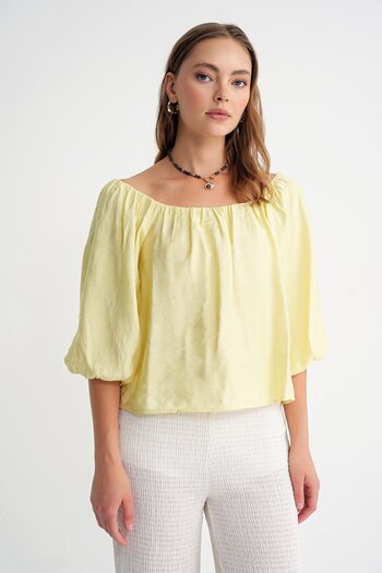 Mixray 4706 Women's Backless Balloon Sleeve Strapless Blouse Yellow